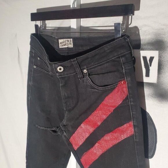 Naked & Famous Skinny Guy Jeans 31W -Painted- Destroyed-- Japanese raw denim - Picture 2 of 16